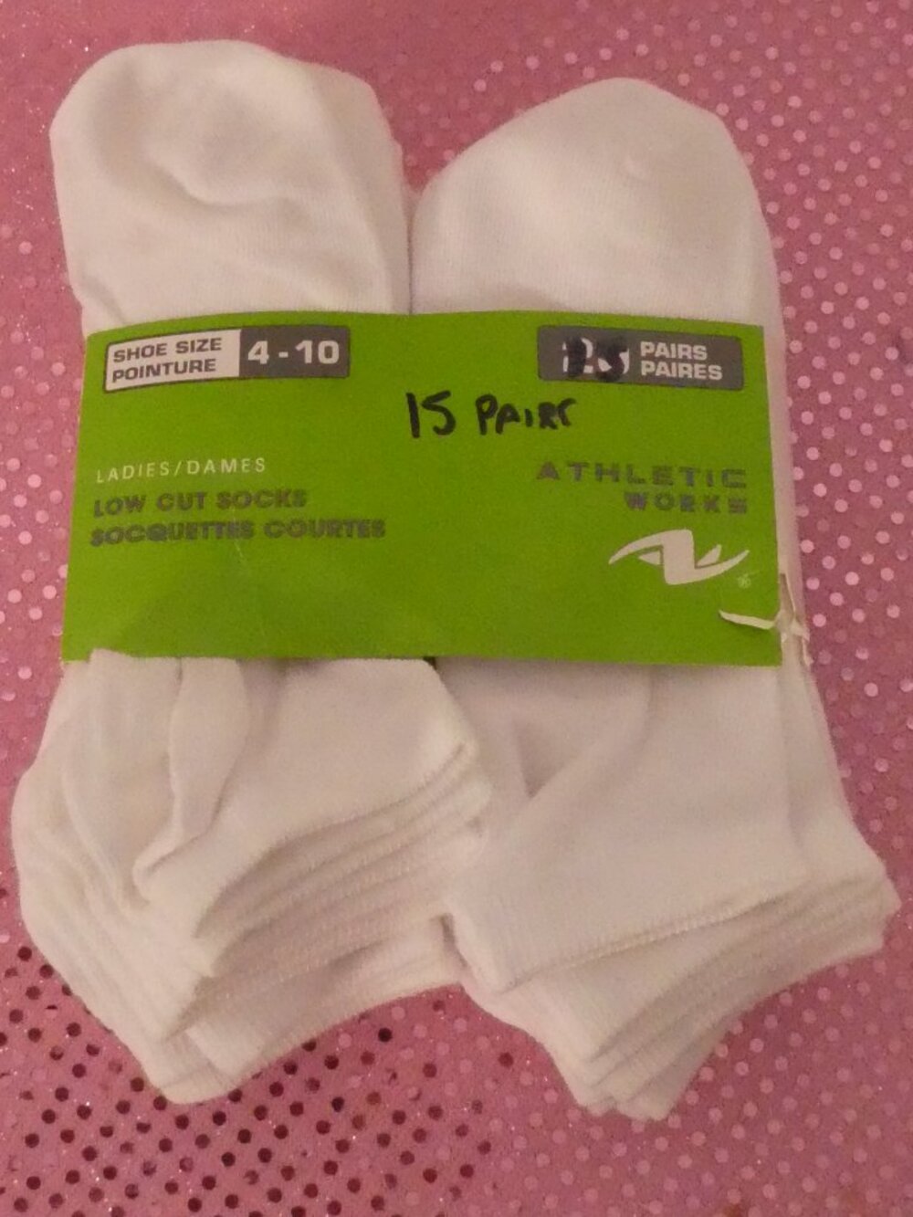 ATHLETIC WORKS 15 Pairs Of Ladies White Low Cut Socks - Shoe Size 4 - 10
